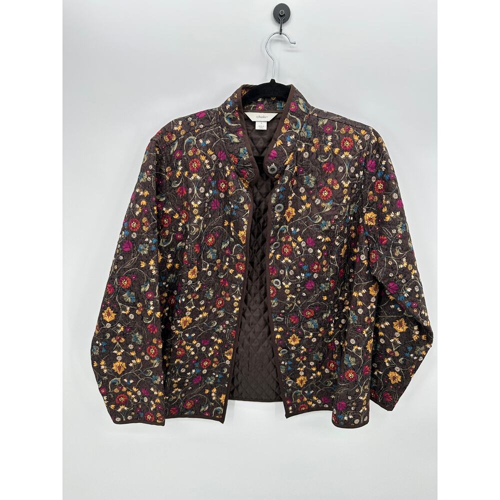 CJ Banks Quilted Floral Jacket XL Brown Multicolor Button Front Lightweight Coat